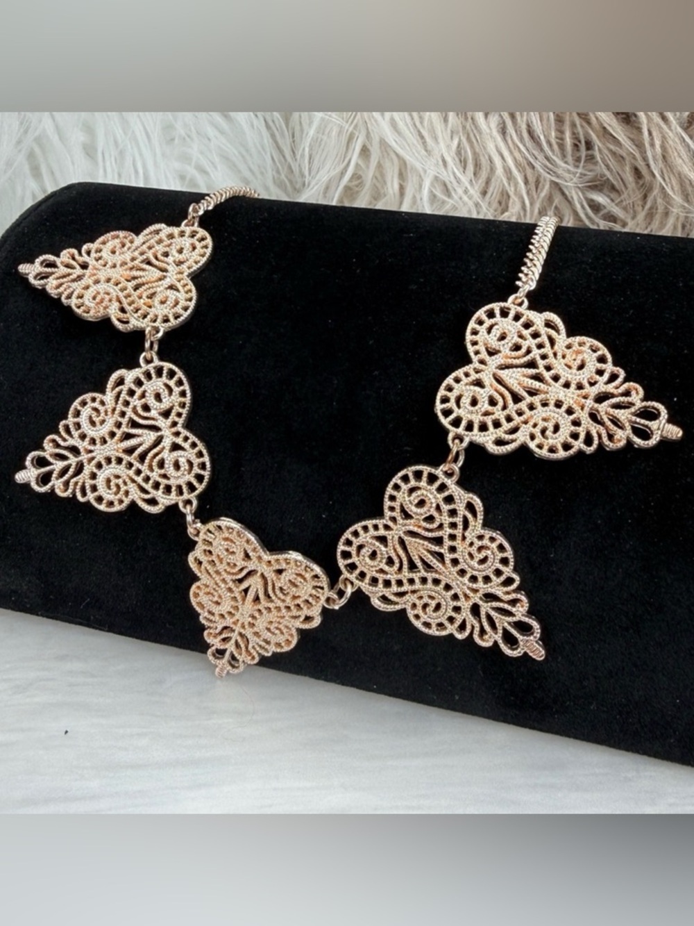 Beautiful rosegold tone, filigree, lightweight costume statement, necklace